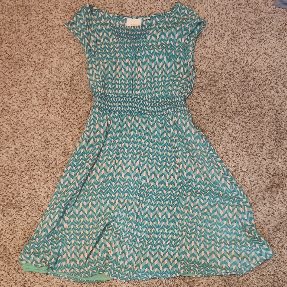 Maeve Teal and White Geometric Dress